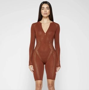 Maniere de Voir Knit Contour Romper in Rust, Size Large
